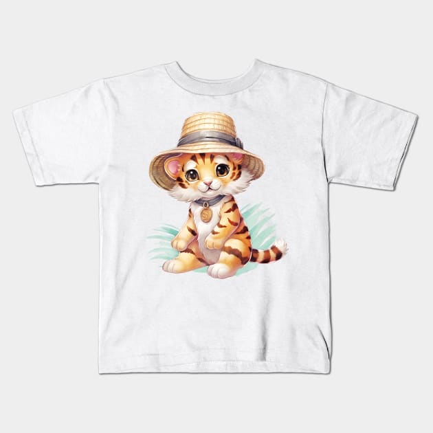 Bengal Tiger in Straw Hat Kids T-Shirt by Chromatic Fusion Studio